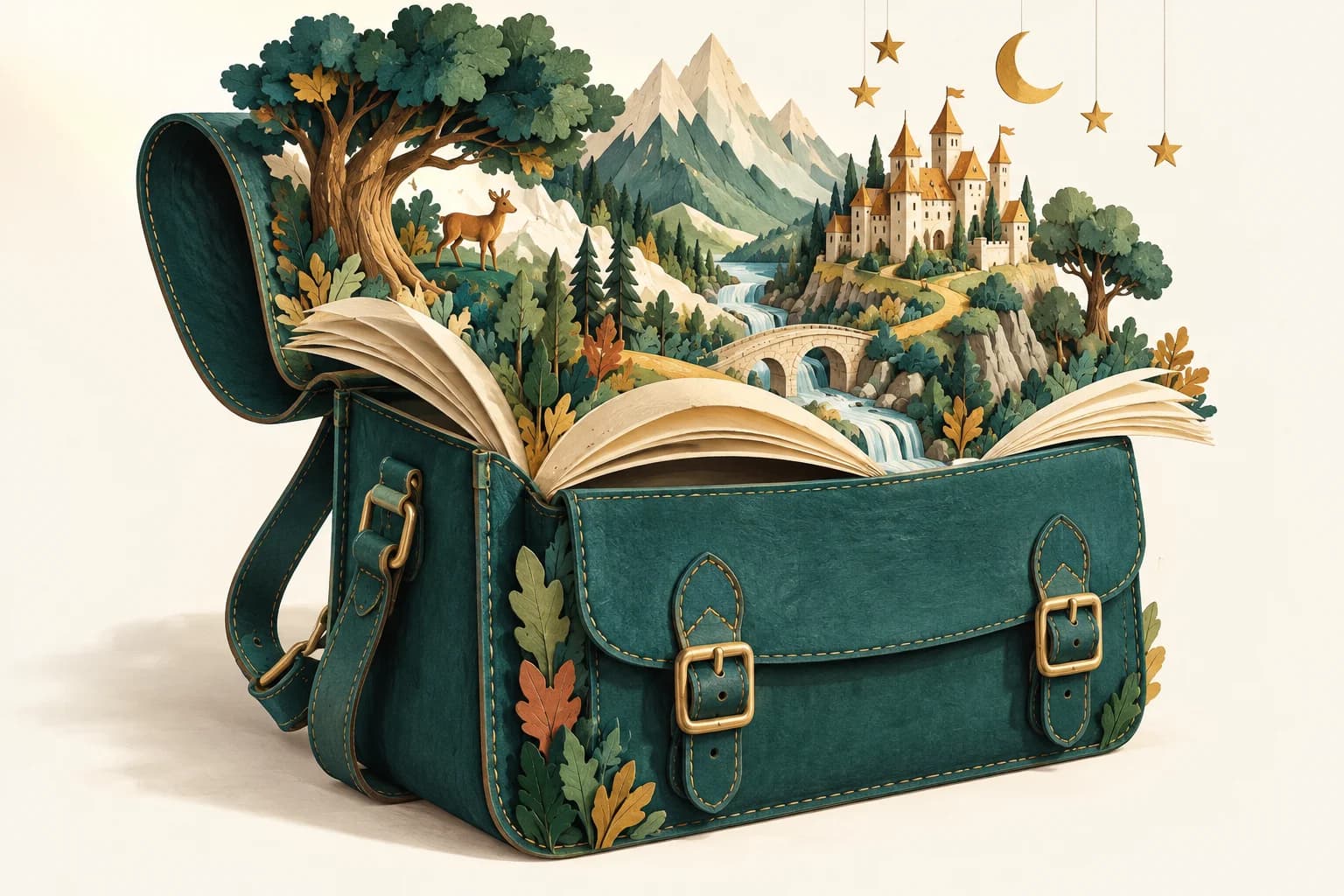 Un cartable ouvert abrite un livre, un château et des chemins à explorer.