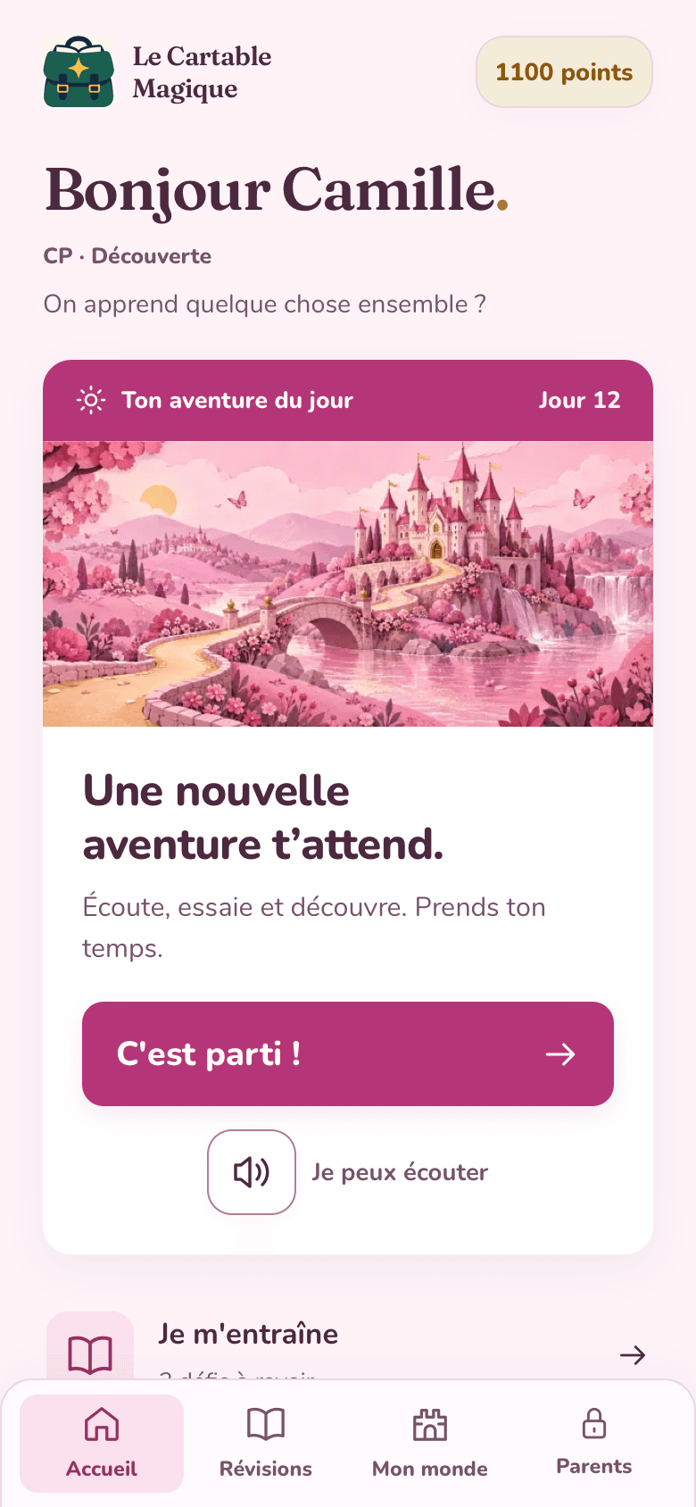 L’accueil Découverte au CP : une aventure guidée, un grand bouton pour commencer et une aide audio.